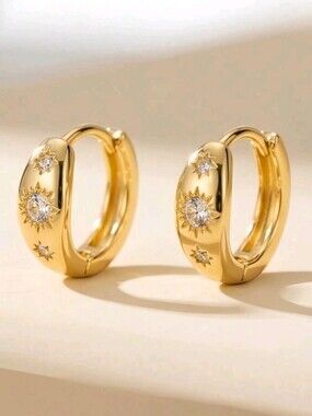 NEW! 18K Gold Plated Celestial- Sunburst CZ Mini Huggie Hoop Earrings